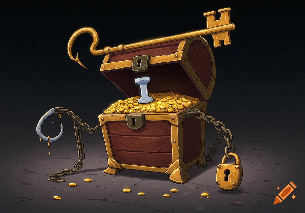 A cartoon treasure chest character with a key head, chain limbs, an I-patch, filled with gold, and a padlock hook.