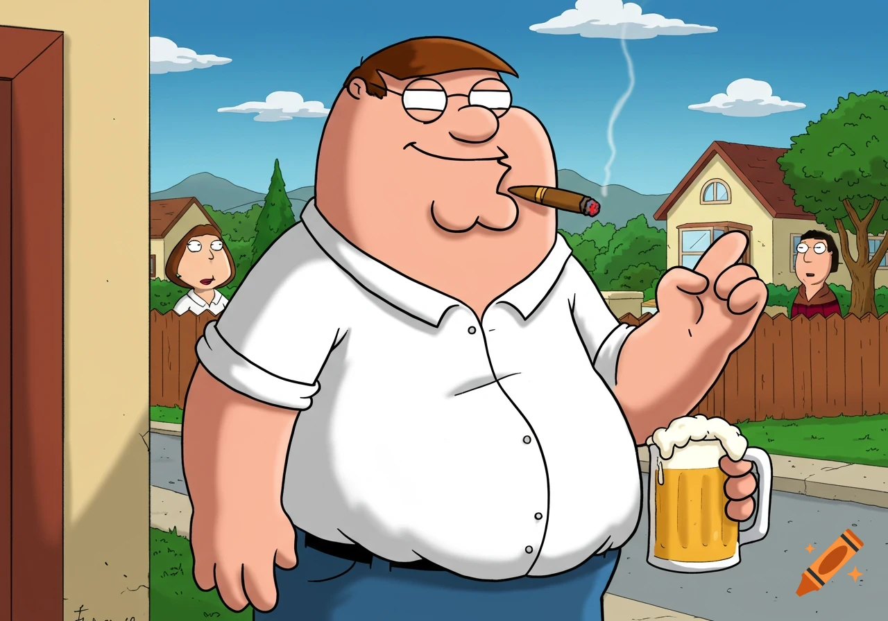Cartoon character resembling Peter Griffin smoking a cigar and holding a beer in a suburban setting.