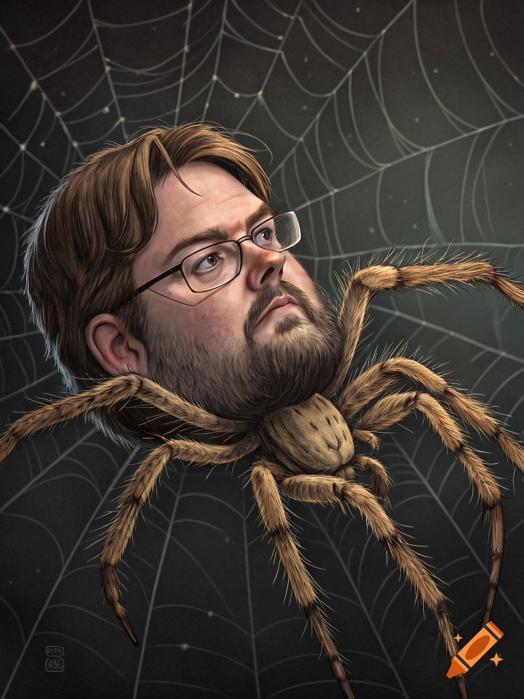 Illustration of a spider with a man's head in a spiderweb.