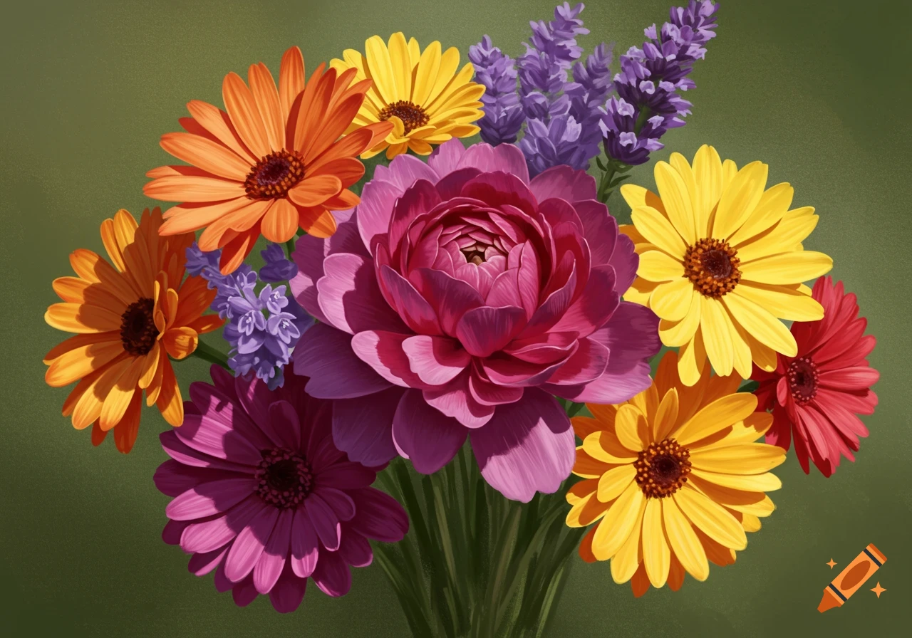 A colorful bouquet of pink, orange, yellow, red, and purple flowers in a digital painting style.