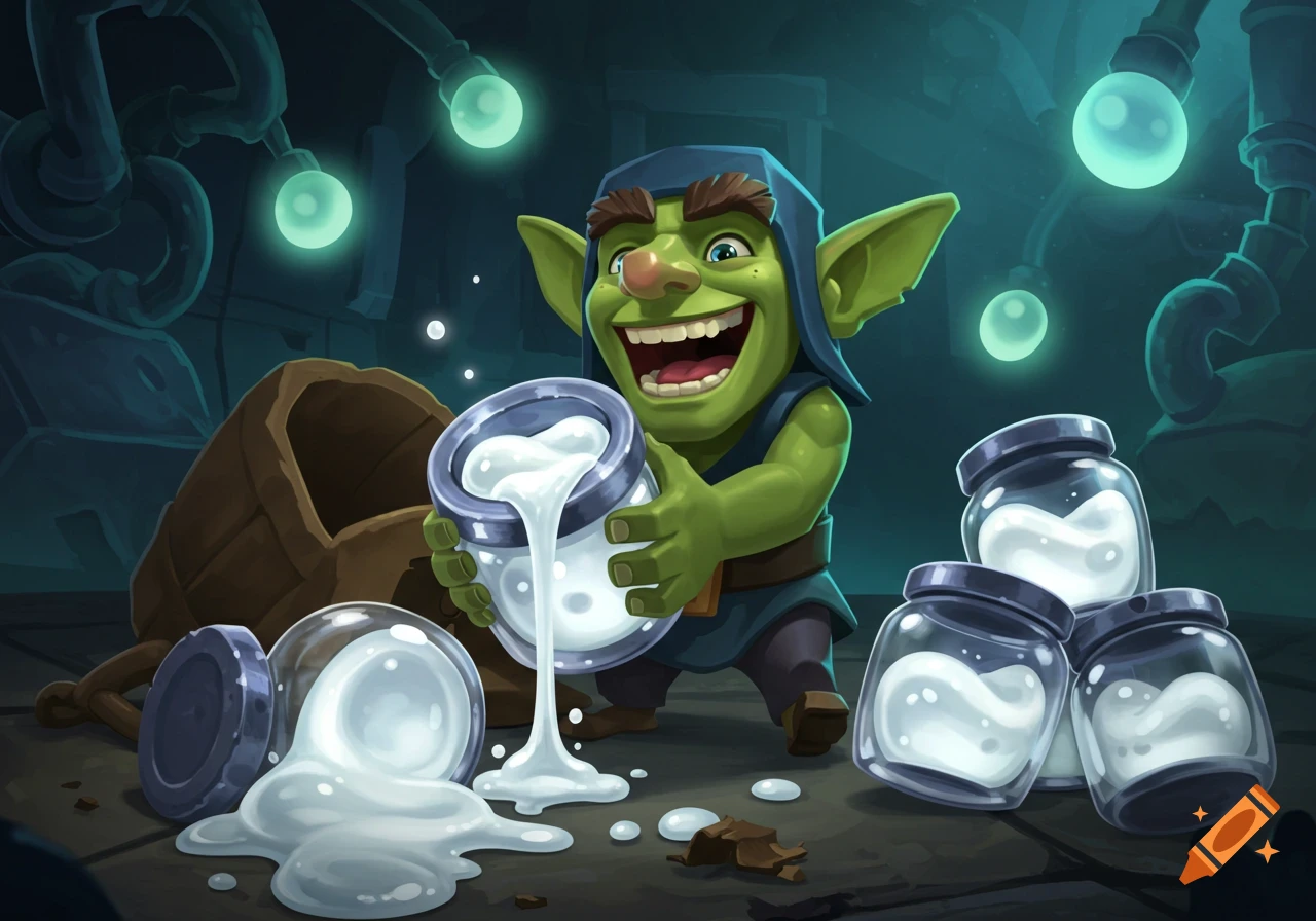 A cartoon goblin happily spills white goo from a jar onto the ground, surrounded by more jars.