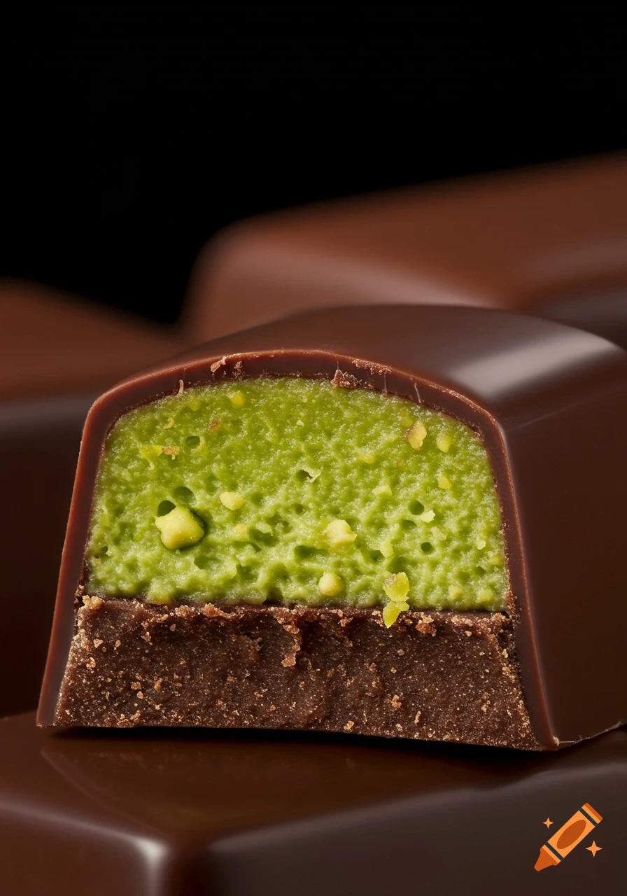 Close-up photo of a cut chocolate bar with green pistachio cream filling and a brownie base.