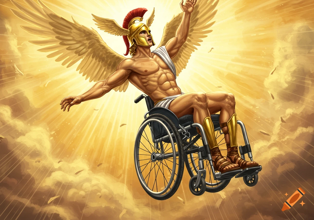 Winged figure in a wheelchair rising towards golden light, illustration.