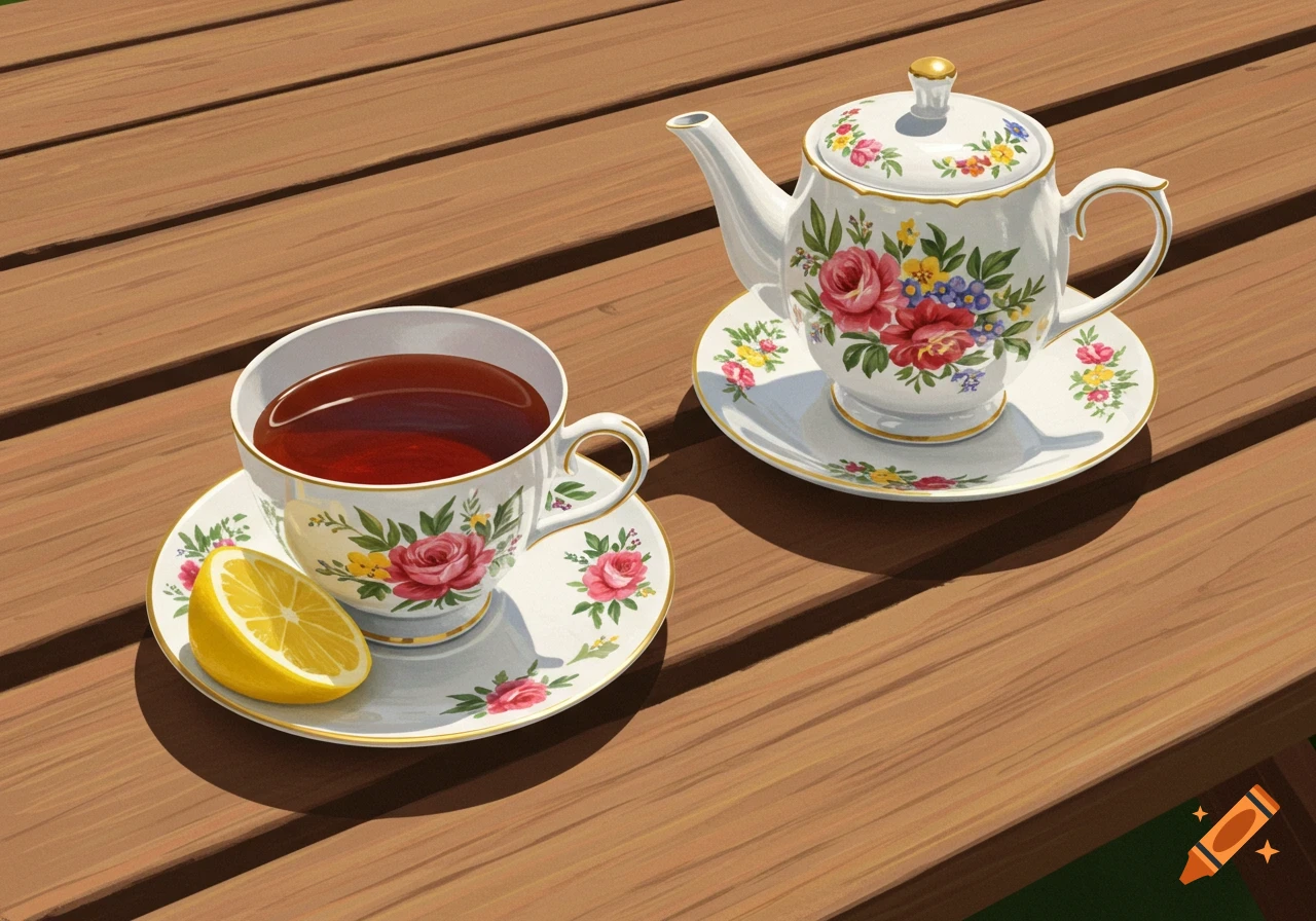 A white teapot and teacup with floral patterns and a lemon slice are on a sunlit wooden table.