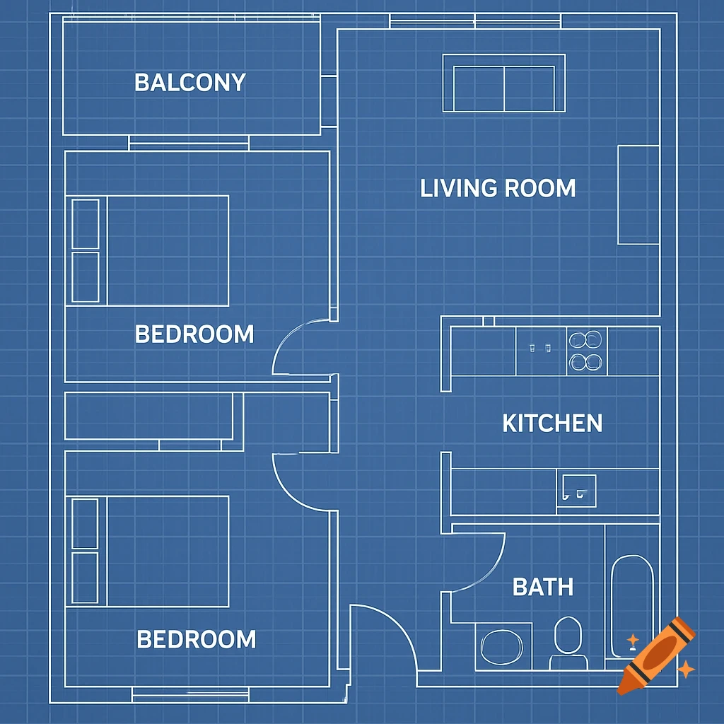 A blueprint diagram of a 2-bedroom apartment floor plan.