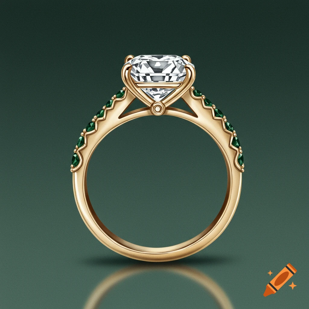 A gold engagement ring with a large radiant cut diamond and green gemstones.