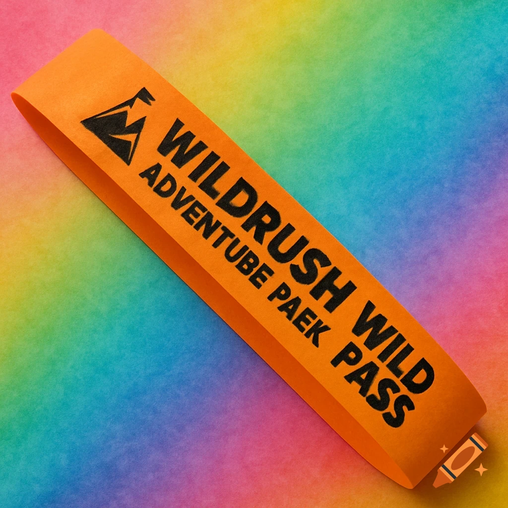 Orange wristband with text on a colorful rainbow background.