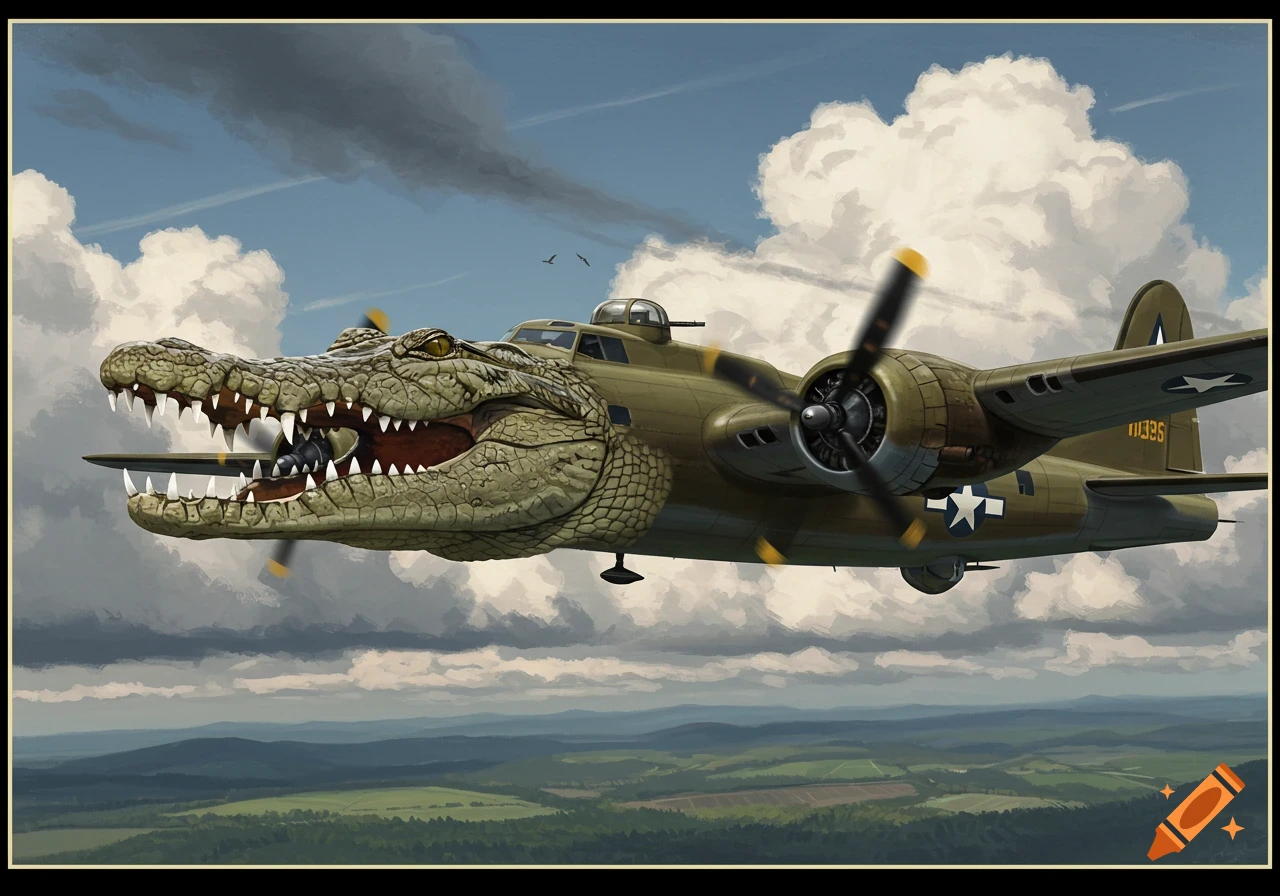 Illustration of a WW2 bomber airplane with a giant crocodile head attached, flying over a green landscape under a cloudy sky.