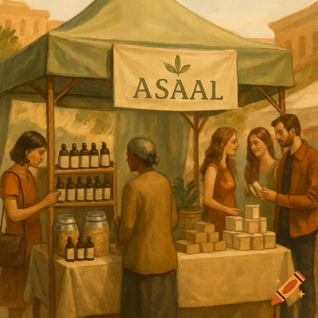A market stall with a sign that reads 'ASAAL', selling bottled and boxed products, with customers browsing in a painted style.