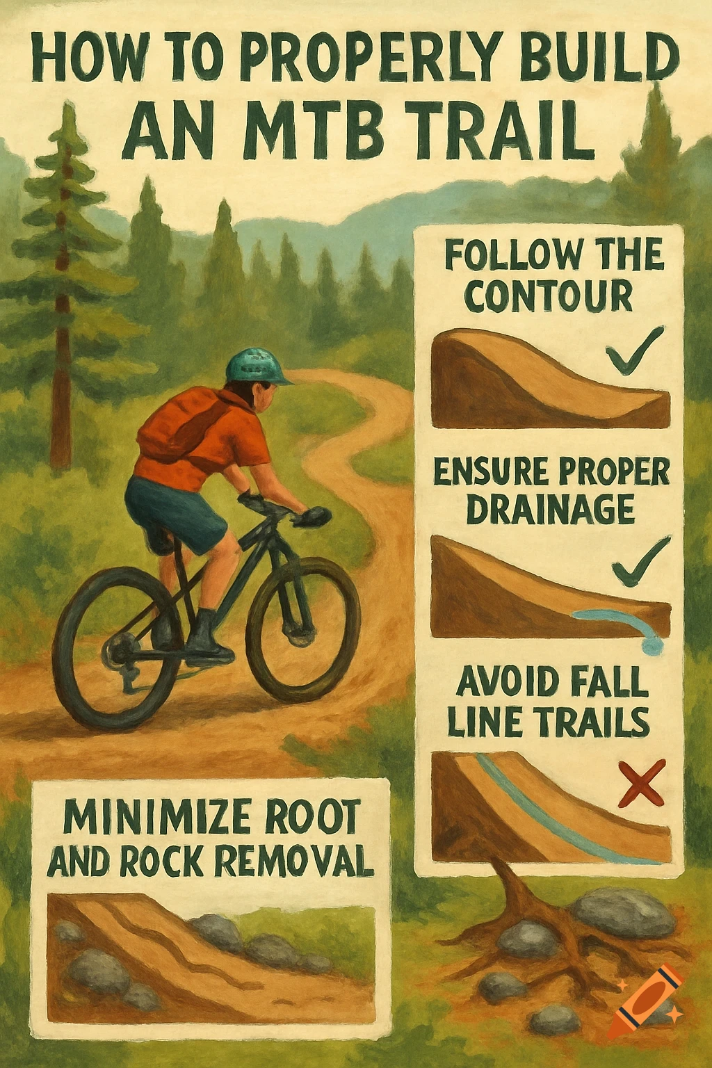 Illustration guide on how to properly build an MTB trail, showing a mountain biker and diagrams with instructional text.
