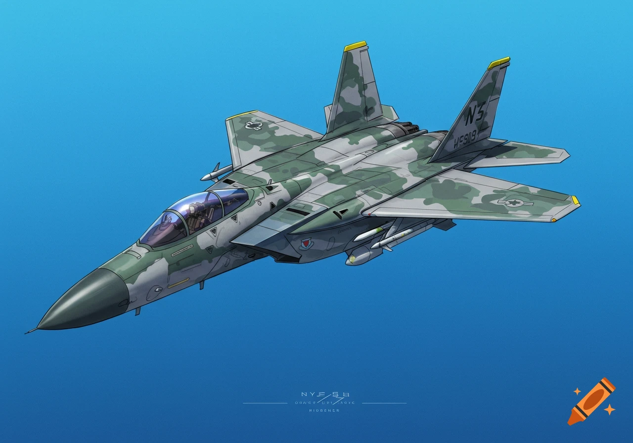 Stylized illustration of a camouflage fighter jet flying against a blue sky.