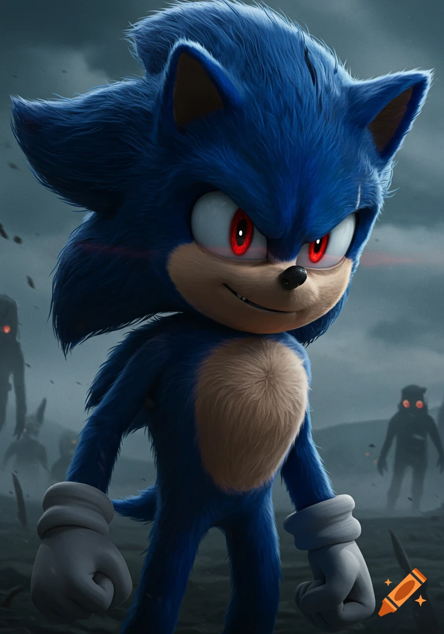 Cinematic portrait of Dark Sonic with red eyes in a gloomy landscape with shadowy figures.