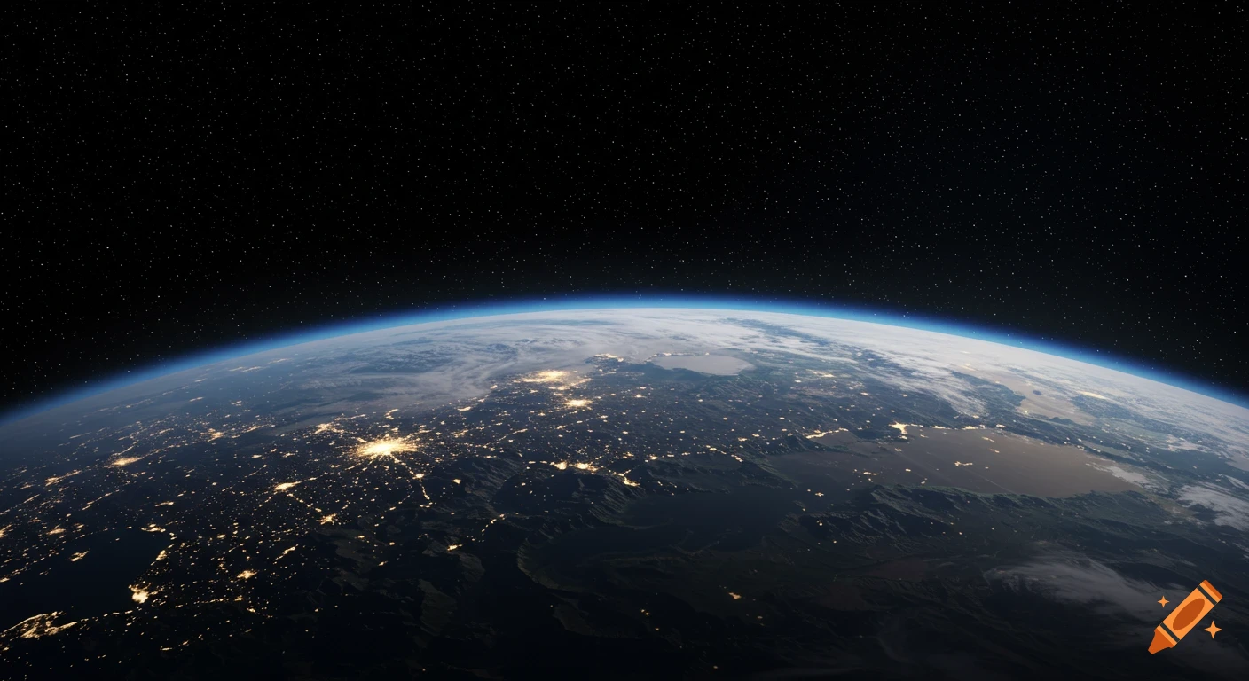 Realistic view of Earth from space at night showing city lights against a starfield.