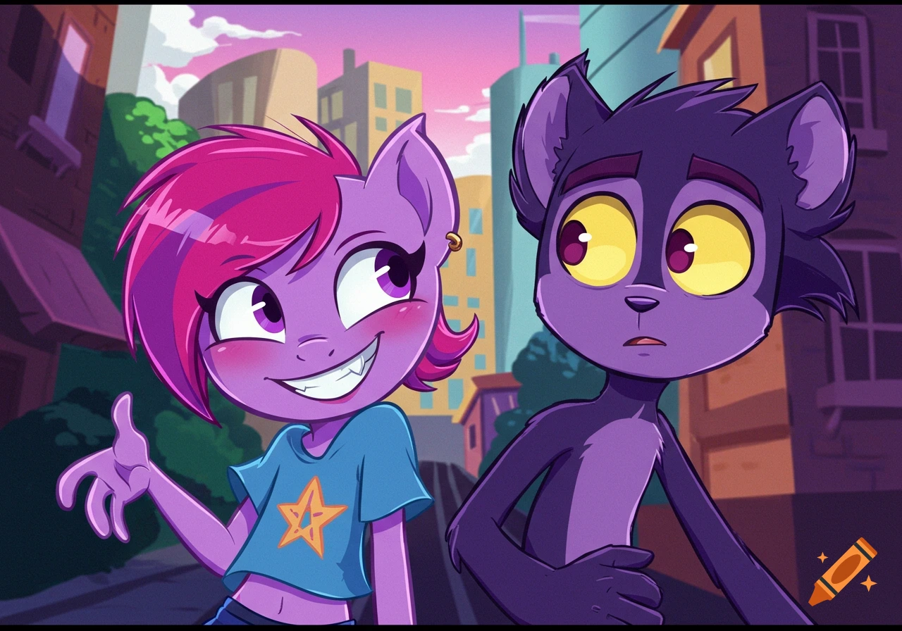 Two purple anthro characters, one smirking with pink hair and one surprised, stand on a city street in a cartoon style.