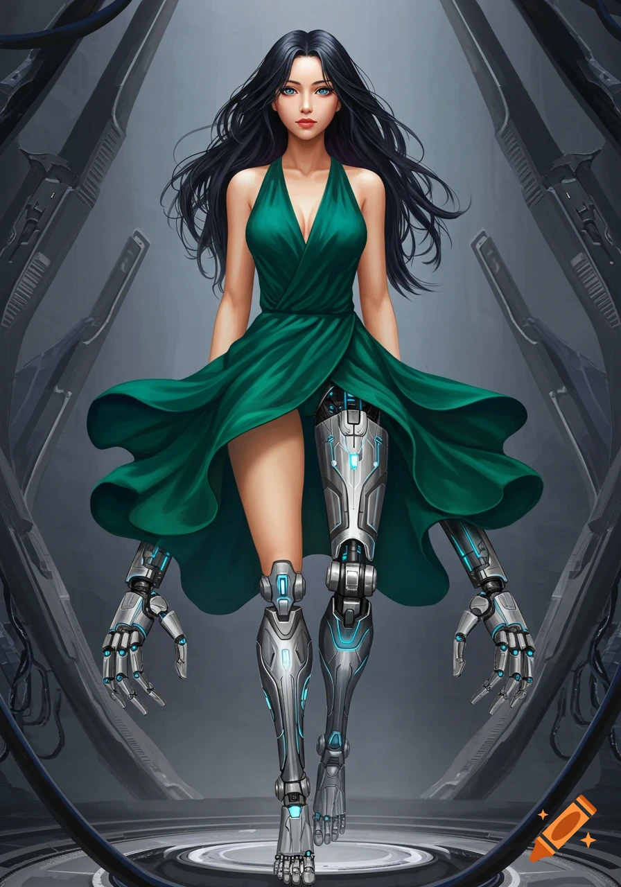 A woman with robotic legs and extra robotic arms wears a green dress in a futuristic setting.
