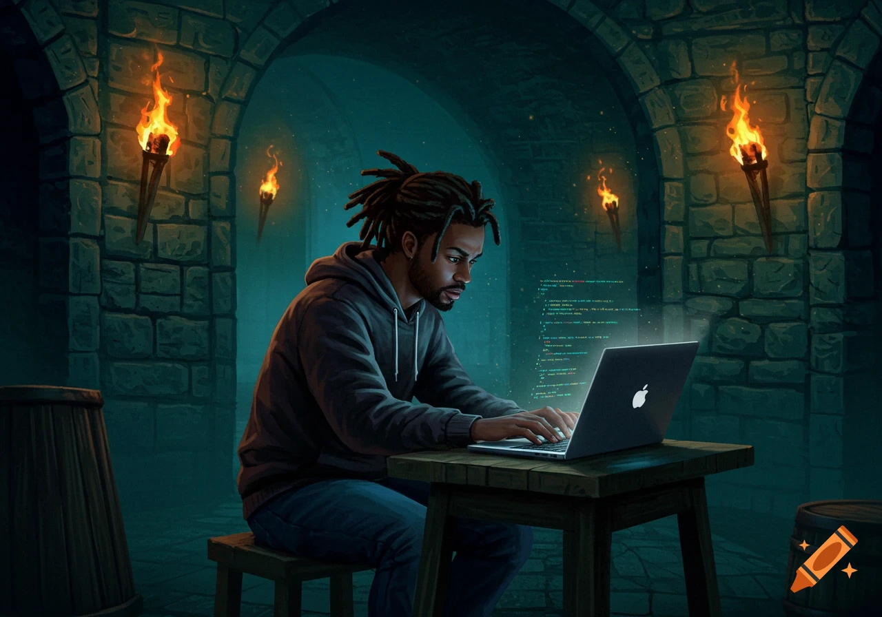 Digital illustration of a man coding on a laptop in a dimly lit stone dungeon with torches.
