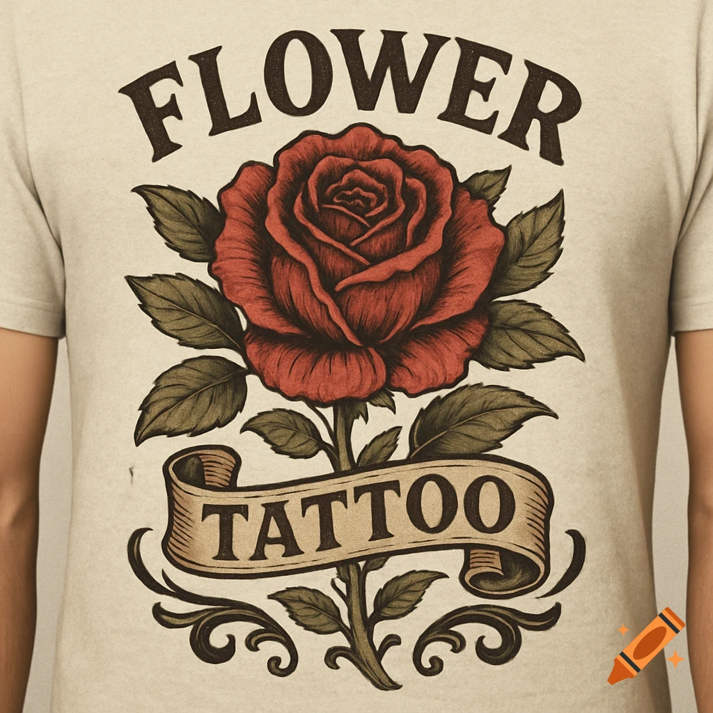Vintage graphic design on a t-shirt featuring a red rose with the words 'FLOWER' and 'TATTOO'