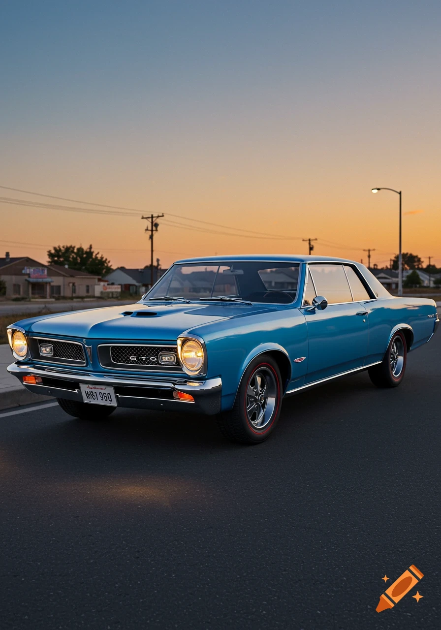 A blue 1965 Pontiac GTO is parked on a street at sunset. Photorealistic style.