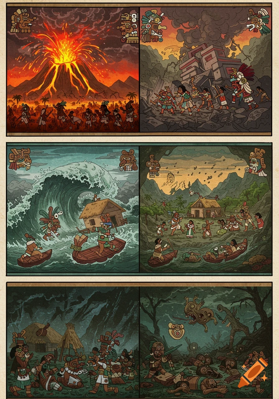 Four panels in ancient Aztec style depict a volcanic eruption, a building collapsing, a tsunami, and figures fleeing in a dark forest.