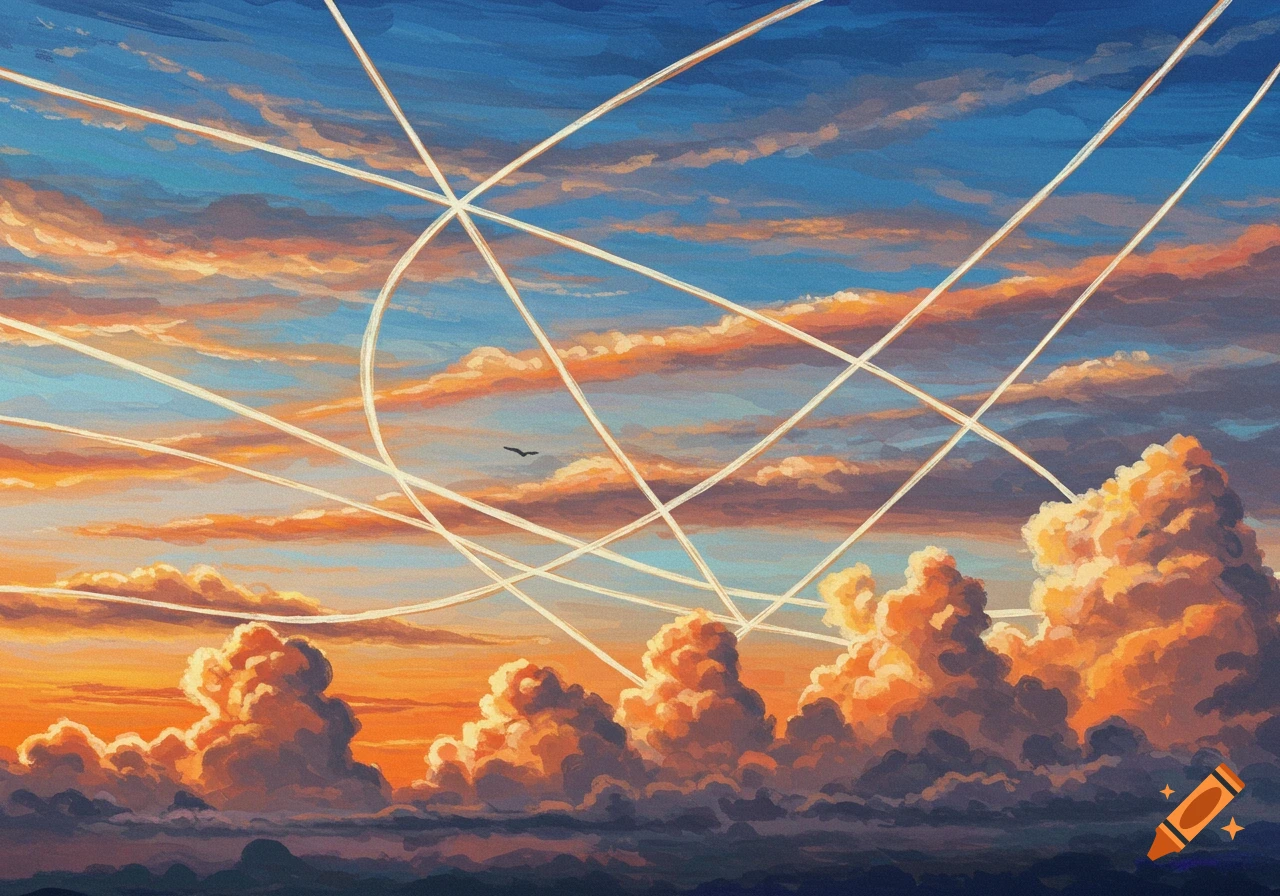 Painted sunset sky with dramatic clouds, crossing white lines, and a distant bird.