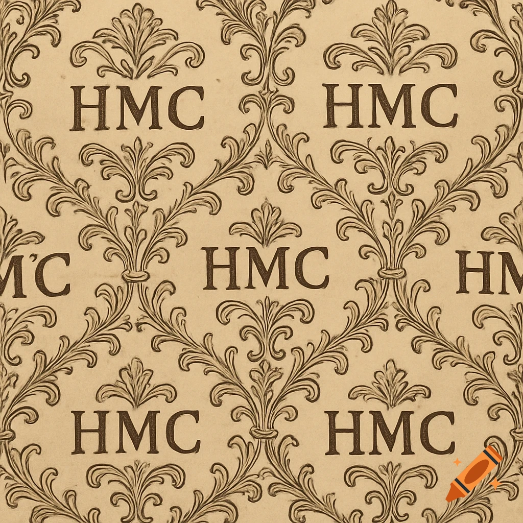 Vintage style repeating pattern with HMC text and ornate scrolling elements.