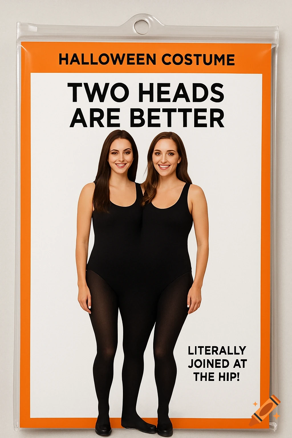 Halloween costume packaging showing two women in a merged leotard and tights, labeled 'Two Heads Are Better'.