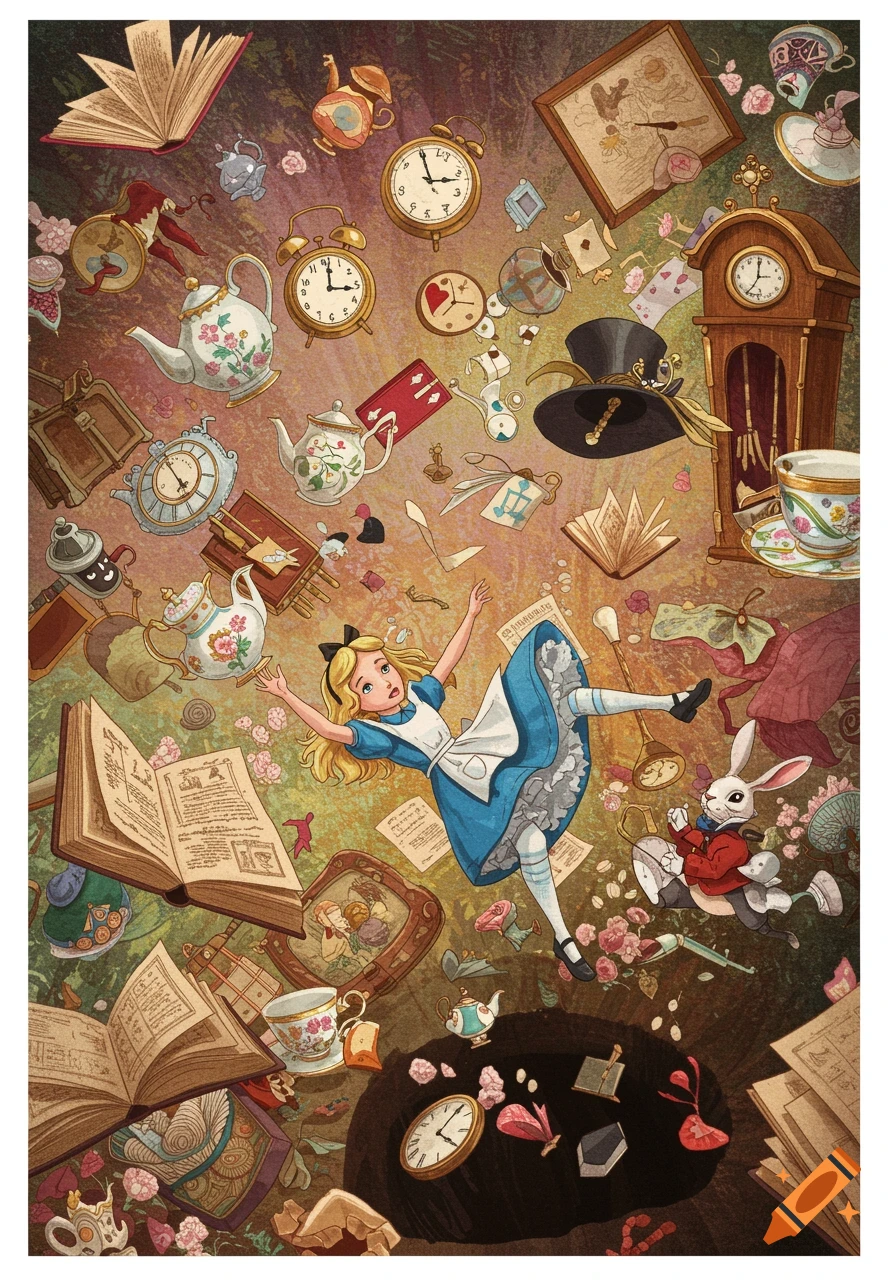 Illustration of Alice falling down the rabbit hole surrounded by clocks, books, teacups, and the White Rabbit.