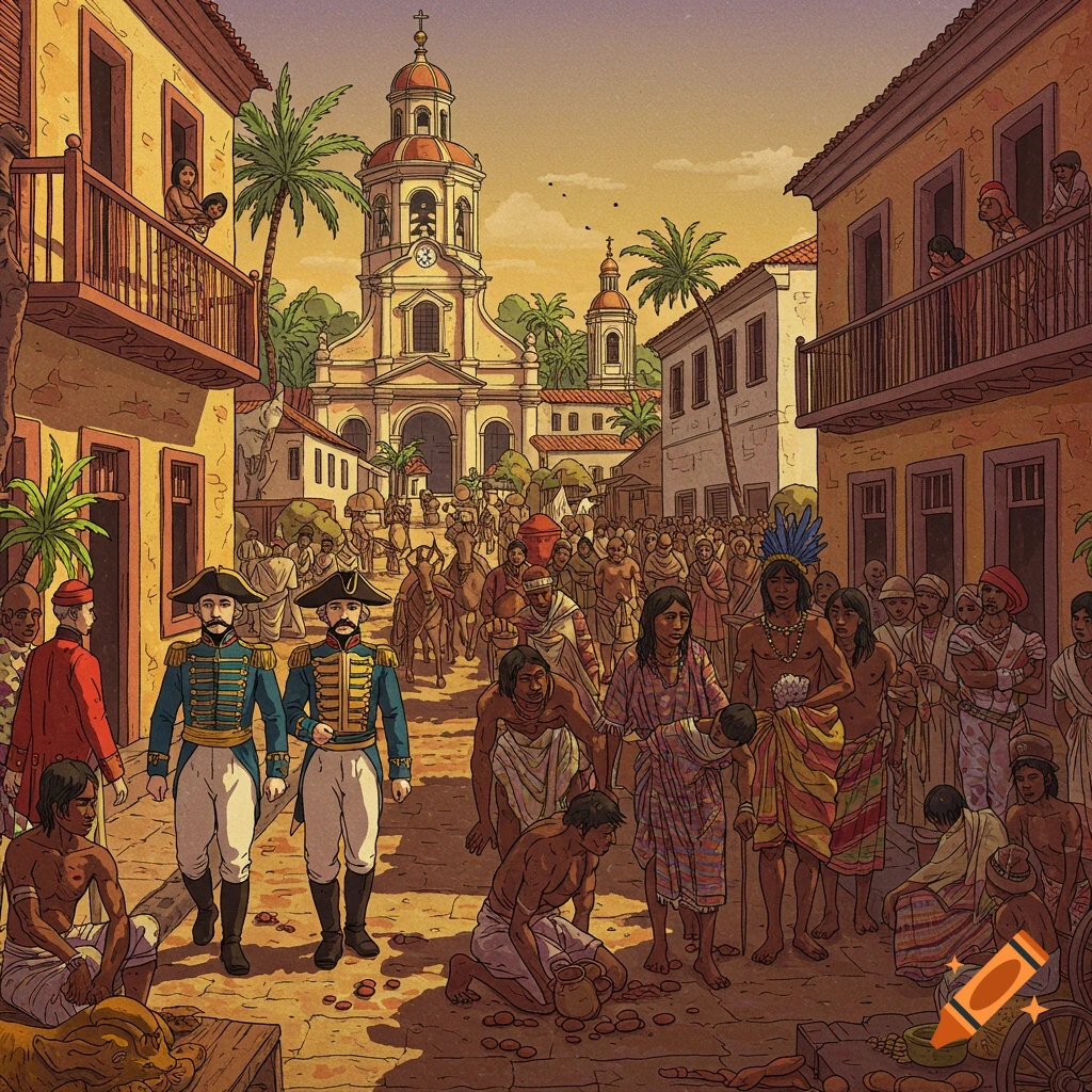 Illustration of a crowded colonial street with diverse people, soldiers, and a church building.