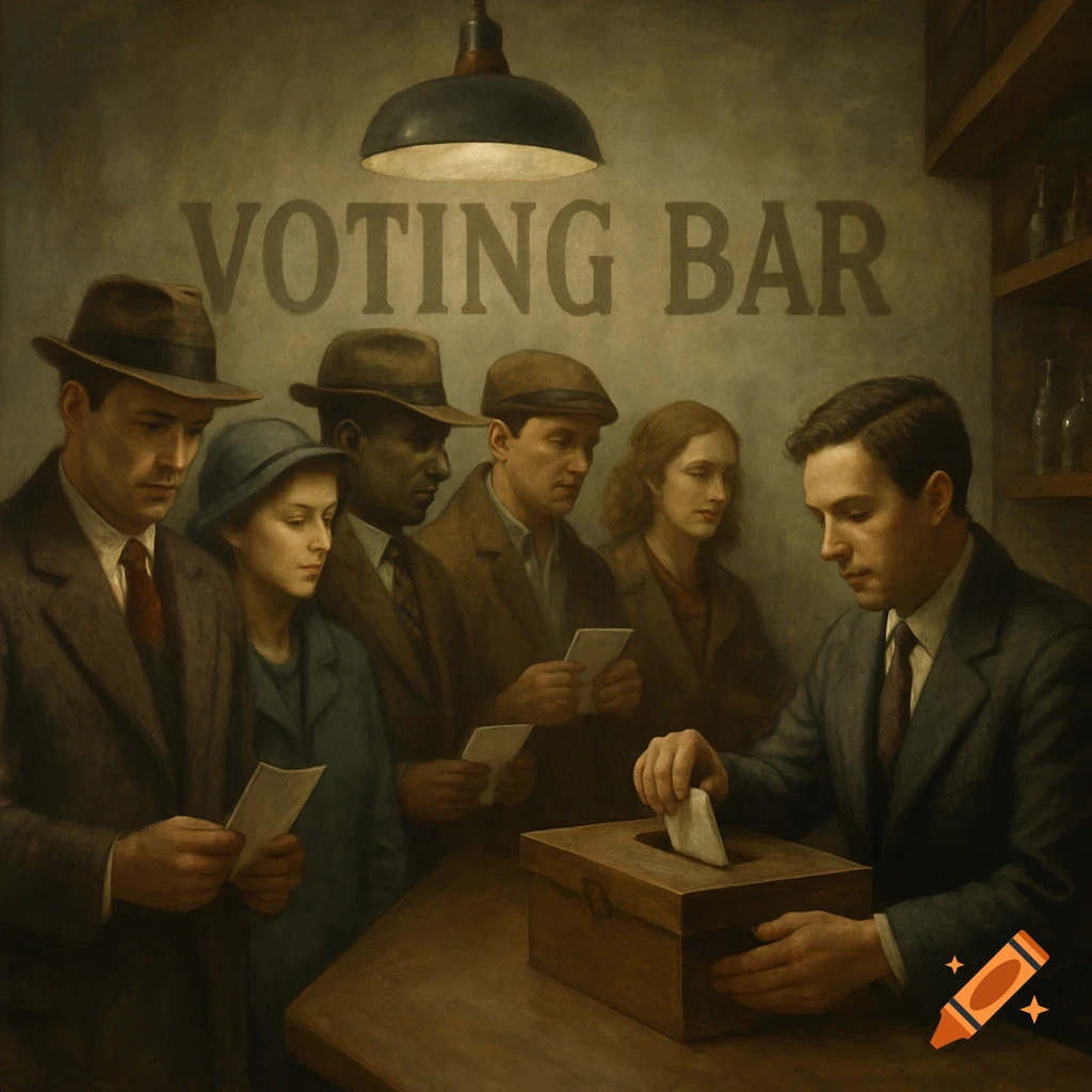People voting in a historical setting with 'VOTING BAR' on the wall, painted style.