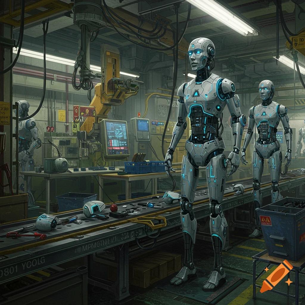 AI robots on an assembly line in a factory.
