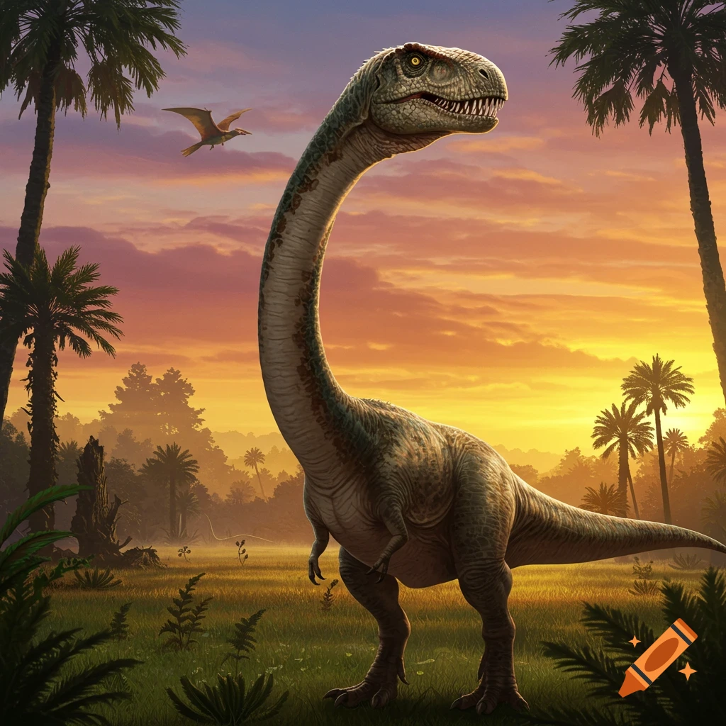 Dinosaur with a long neck standing in a prehistoric landscape with palm trees and a pterodactyl at sunset