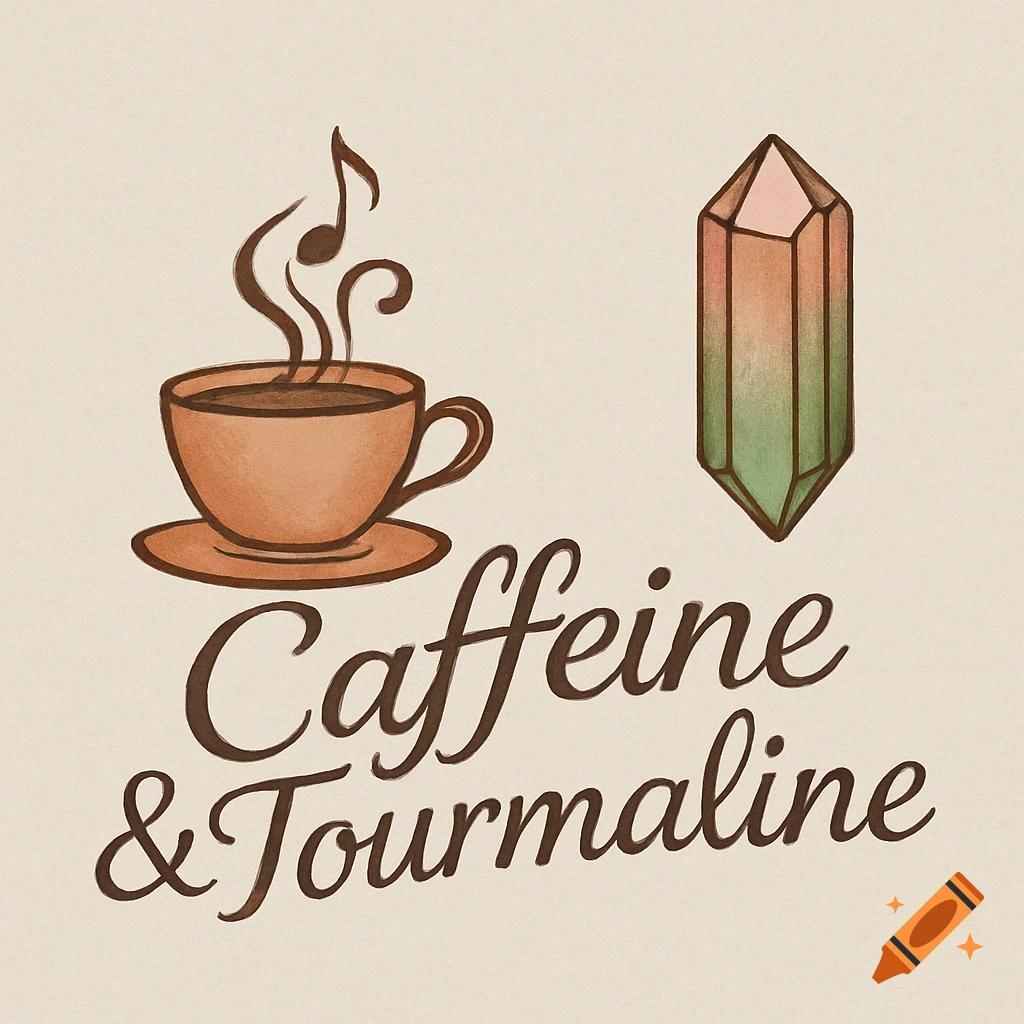 Illustration of a coffee cup with music notes in steam and a crystal, with the text 'Caffeine & Tourmaline'.