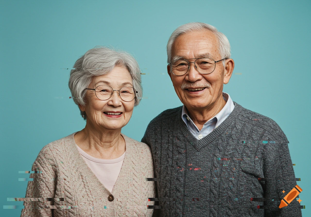 Photorealistic portrait of two smiling elderly people with glitch artifacts.
