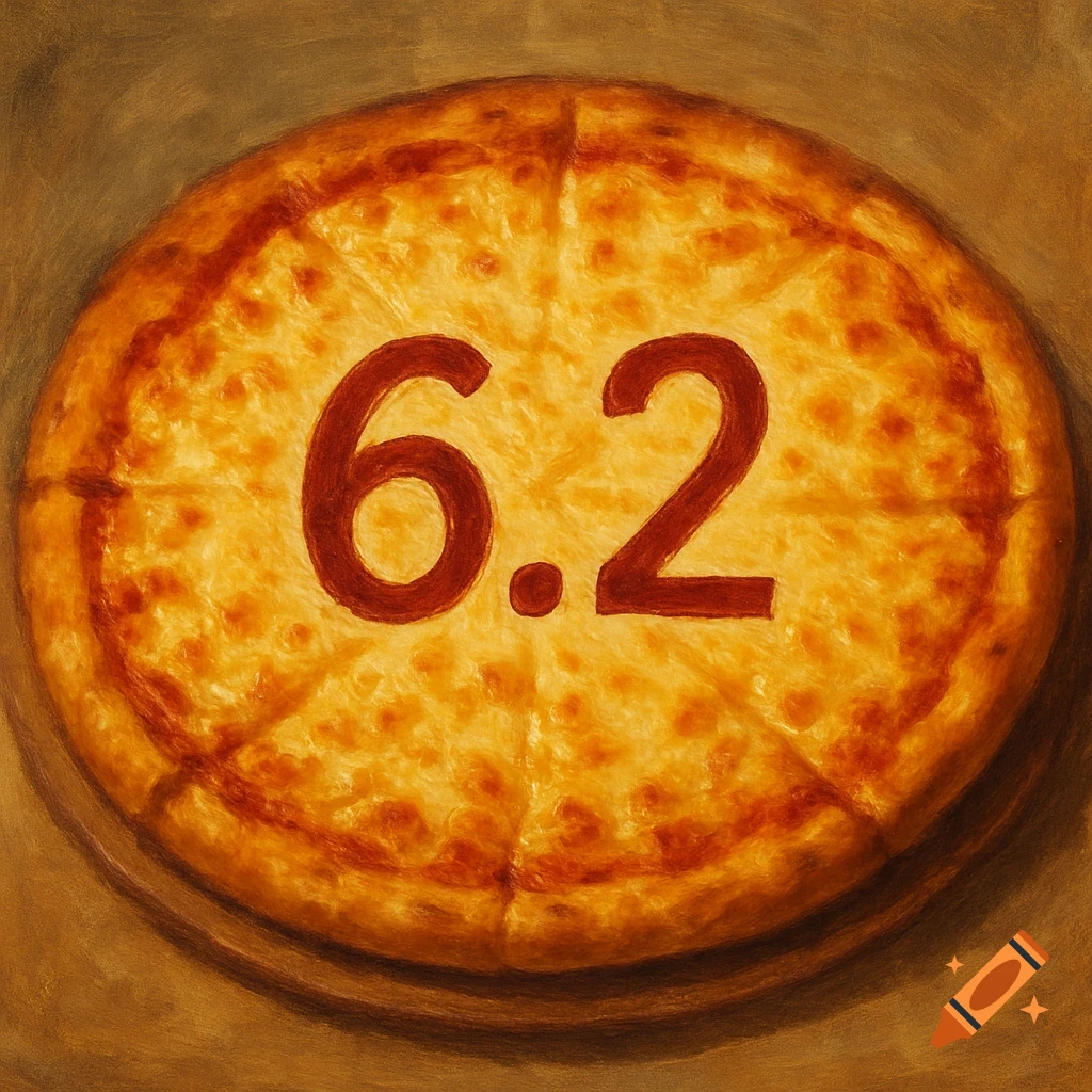 A cheese pizza with '6.2' written on it in an oil painting style