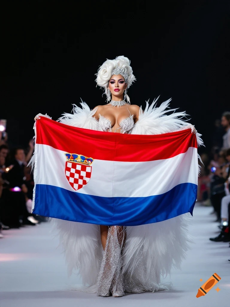 Drag queen in a white costume holds a large Croatian flag on a stage runway.