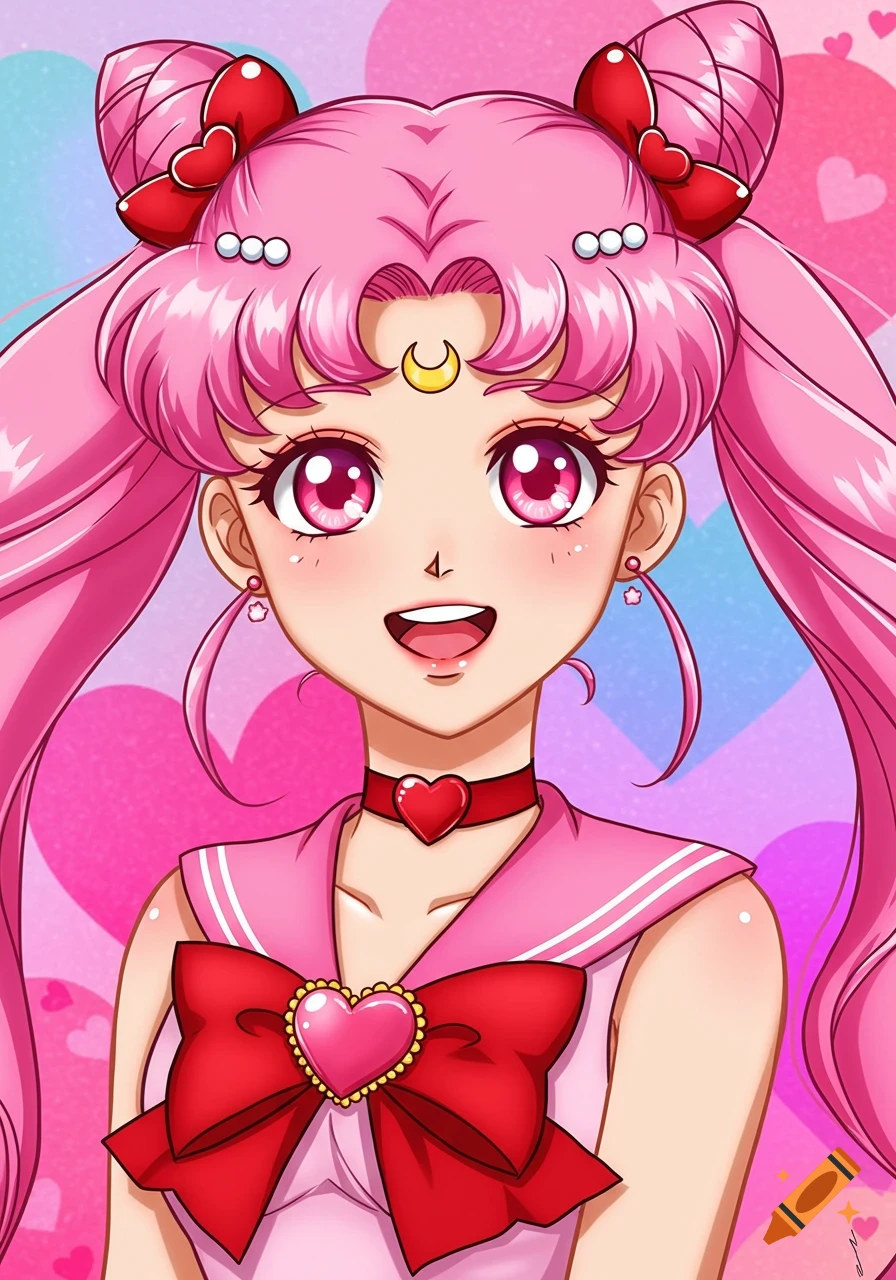 Close-up portrait of an anime magical girl with pink hair and eyes, wearing a pink Sailor Moon outfit, smiling against a heart background.