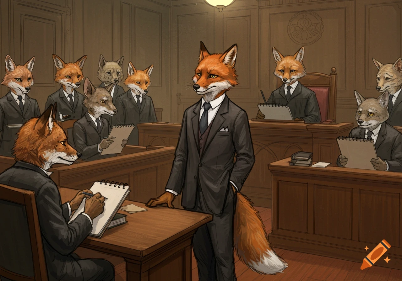 Courtroom sketch of anthropomorphic foxes in suits