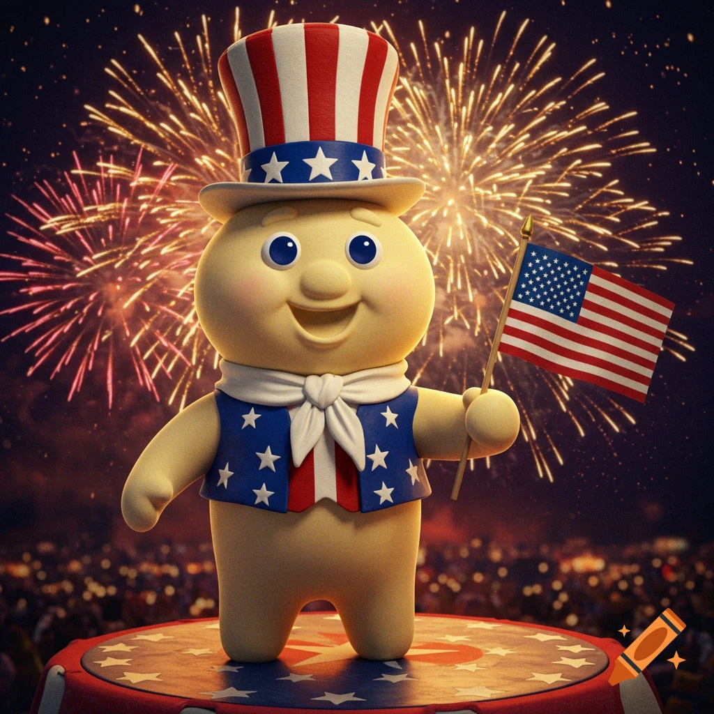 A cartoon character in a patriotic hat and vest holds an American flag as fireworks explode behind them.