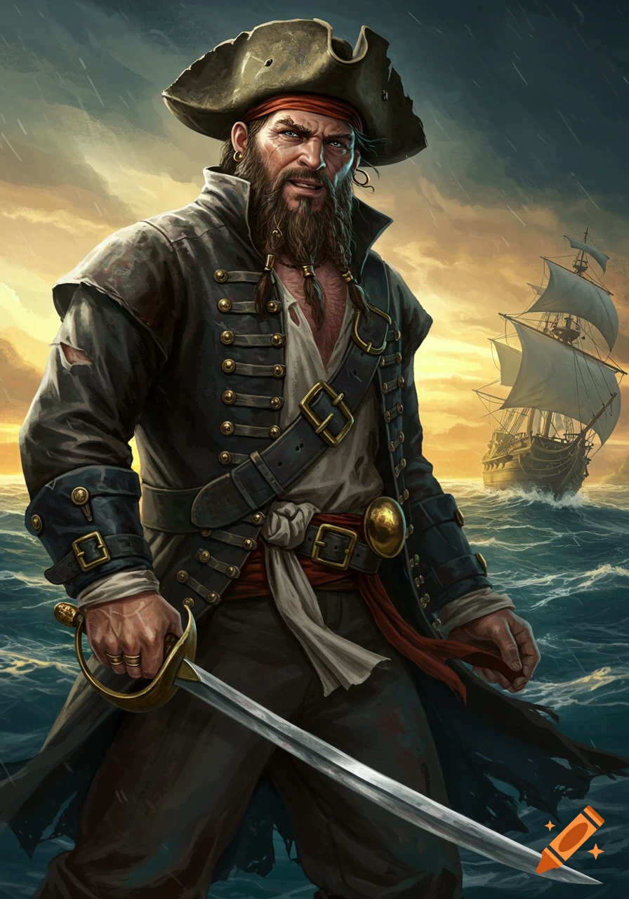 A rugged pirate with a beard and eyepatch stands in the sea, holding a sword, with a ship in the background under a stormy sky.