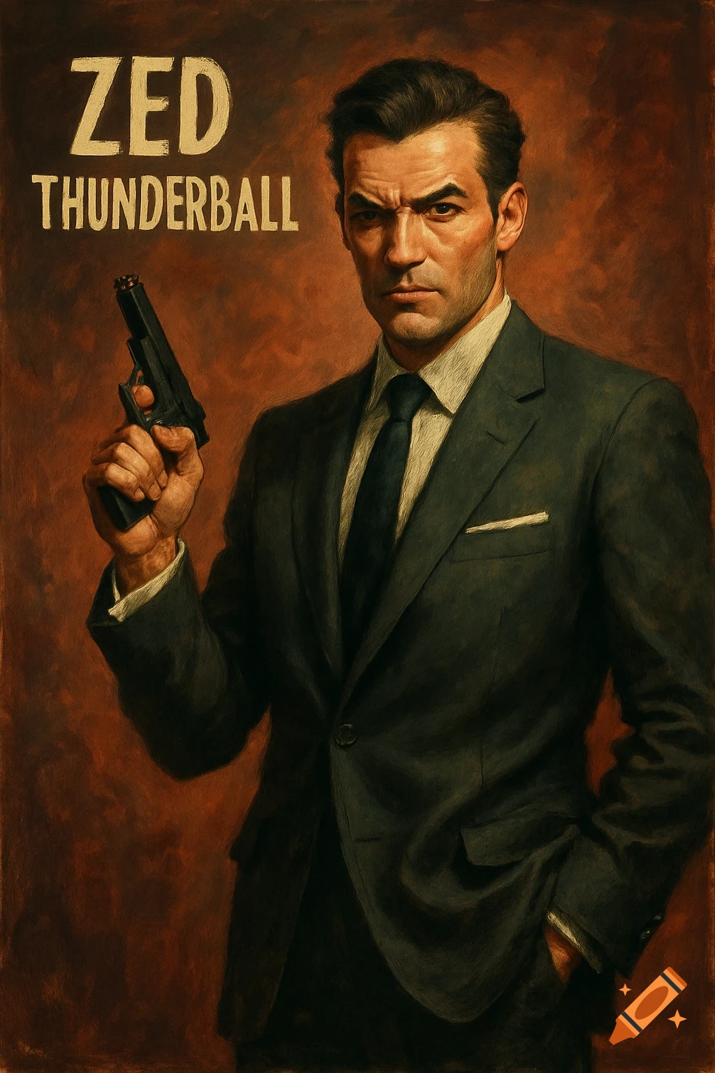 Painterly portrait of a spy in a suit holding a gun, with the text ZED THUNDERBALL.
