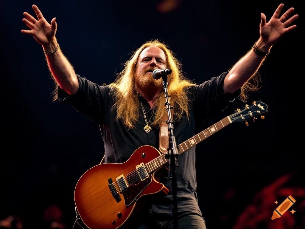 Male rock musician with long hair and beard playing guitar on stage with arms raised