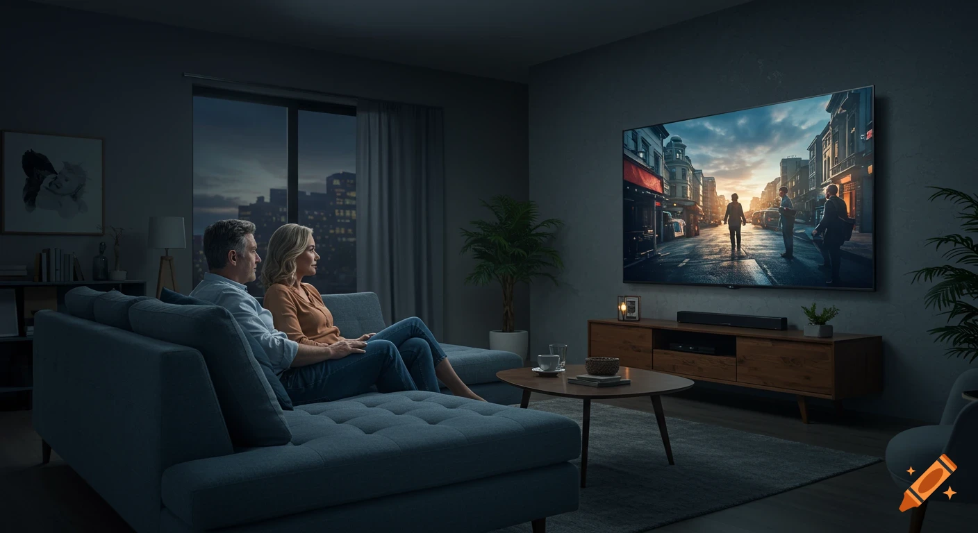 A couple sits on a blue couch watching a large television in a dim living room, showing a street scene.