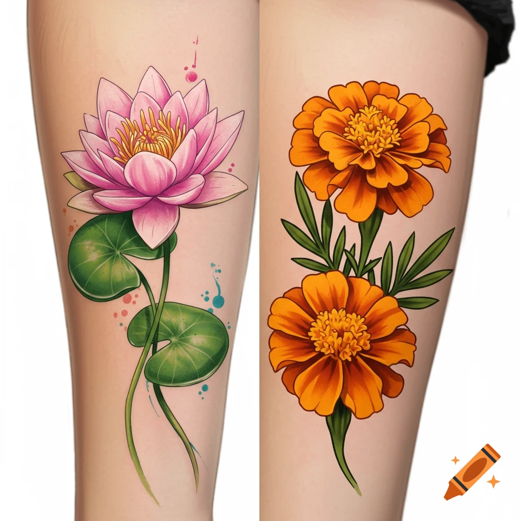 Two tattoos on a leg: a pink water lily with watercolor style splatters and orange marigolds.
