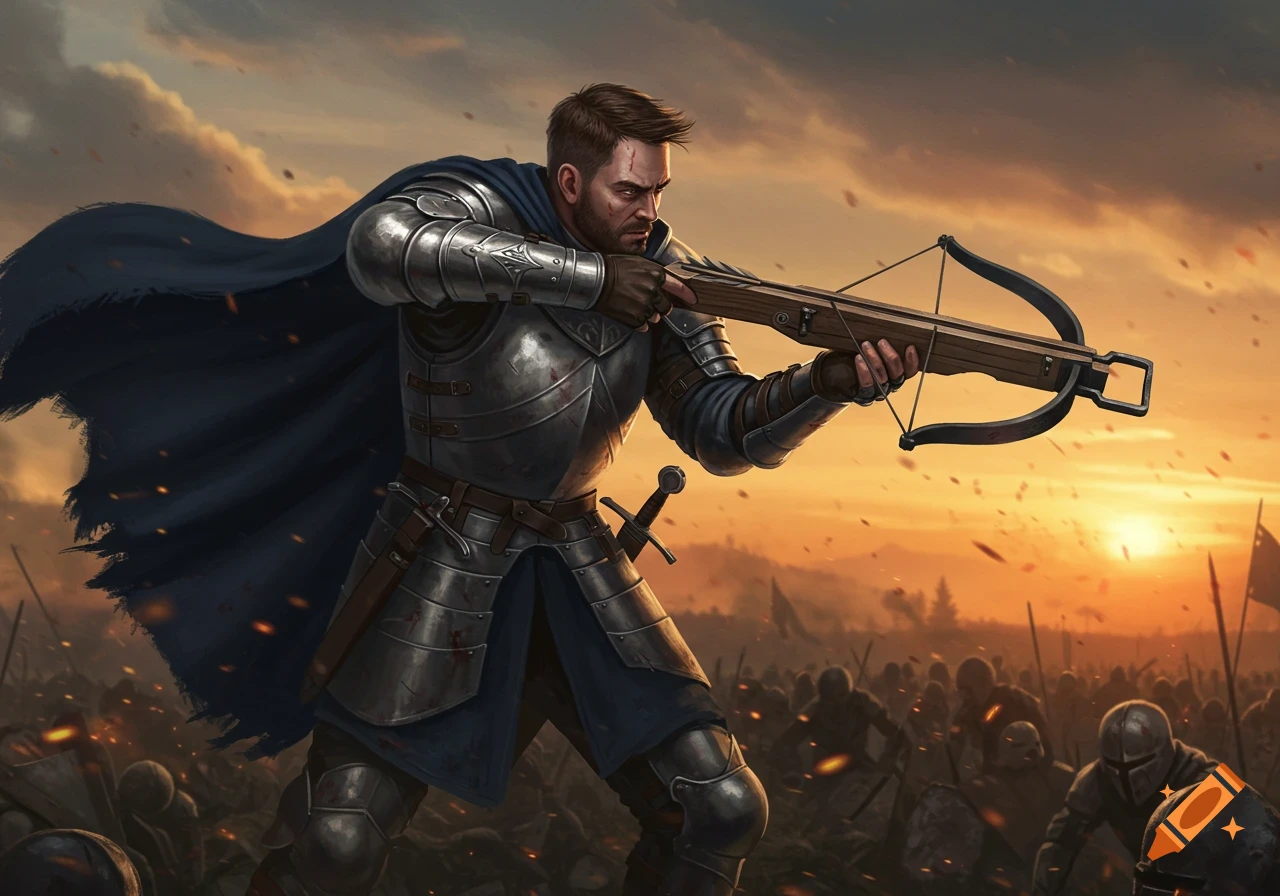 A knight in armor holds a crossbow, aiming during a battle at sunset.