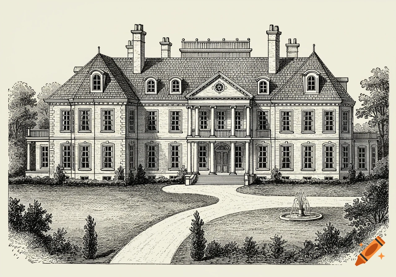 Black and white illustration of a large mansion with a circular driveway and fountain.