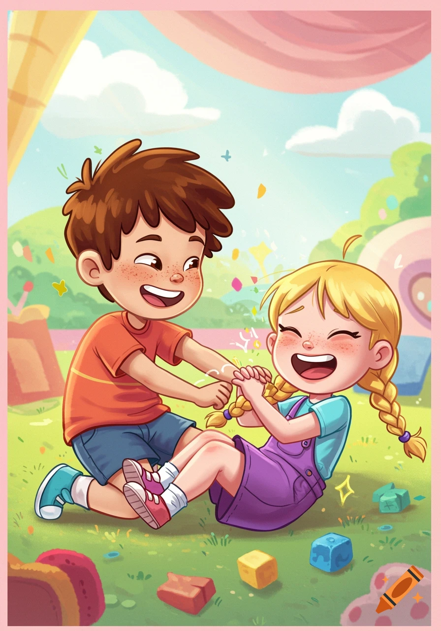 Cartoon illustration of two children tickling each other outdoors