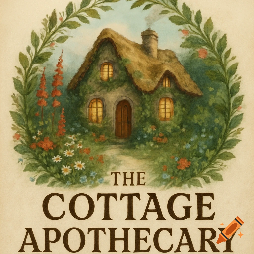 Watercolor painting of a charming cottage surrounded by flowers and leaves, with the text 'The Cottage Apothecary'.