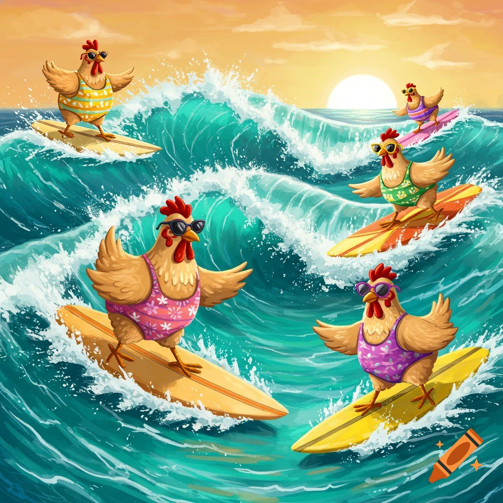Cartoon chickens in bathing suits and sunglasses surf on waves at sunset.