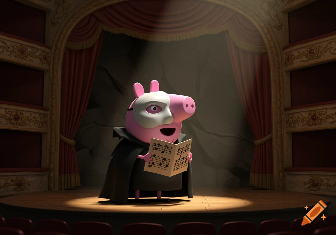 Peppa Pig dressed as Phantom of the Opera singing from a music score on a theatre stage.