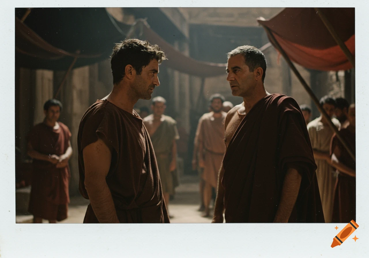 Two men in historical robes face each other in a market, vintage Polaroid style